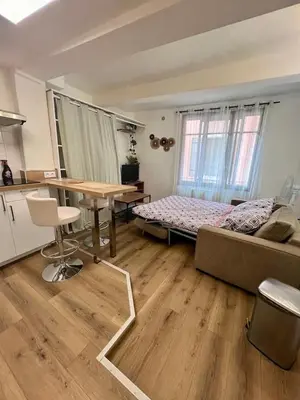 a bedroom with a bed and a table and a desk at Studio centre historique à Carpentras in Carpentras