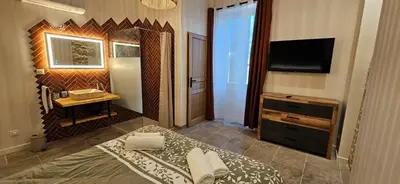 a bedroom with a bed and a mirror and a television at Mas Les Fabrys au coeur du Luberon in Bonnieux