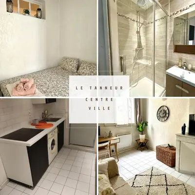 a collage of pictures of a kitchen and a bathroom at Le Tanneur- Grand Studio 38m2 en centre-ville in Aix-en-Provence