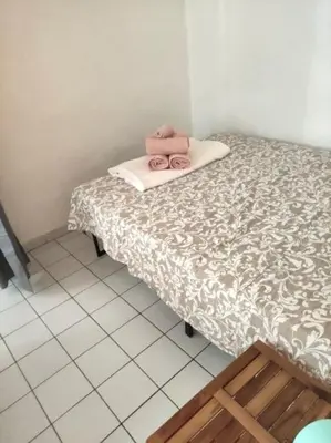 a bed with two pink towels on top of it at Le Tanneur- Grand Studio 38m2 en centre-ville in Aix-en-Provence