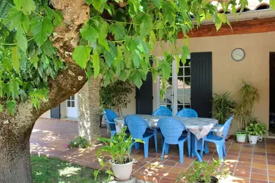 a blue table and chairs sitting under a tree at La Villa St Antoine in LʼIsle-sur-la-Sorgue