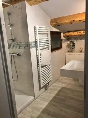 a bathroom with a shower and a sink at La Respelido studio ds maison campagne in Cabannes