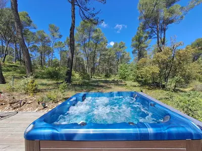 a hot tub sitting on a deck with trees in the background at La Pinède de Venelles Jacuzzi privatif in Venelles