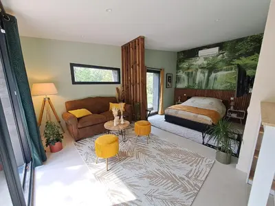 a living room with a bed and a couch at La Pinède de Venelles Jacuzzi privatif in Venelles