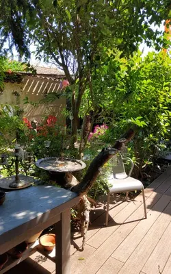 a cat sitting next to a table with a tree at Le Mazet des Beaujots in Monteux