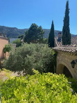 a house with a roof with trees and bushes at Chambre 2 dans Mas chez Sofi in Maubec