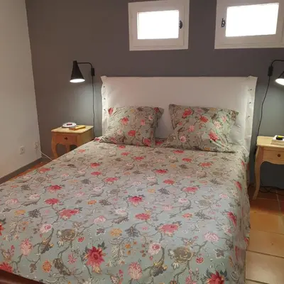 a bedroom with a bed with a floral bedspread and two windows at les couleurs du sud in Aix-en-Provence