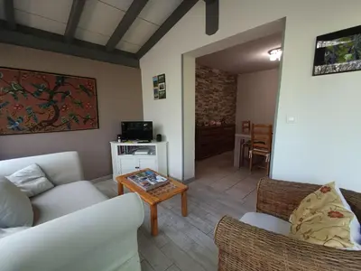 a living room with a couch and a table at Maison provençale avec piscine partagée in Loriol-du-Comtat