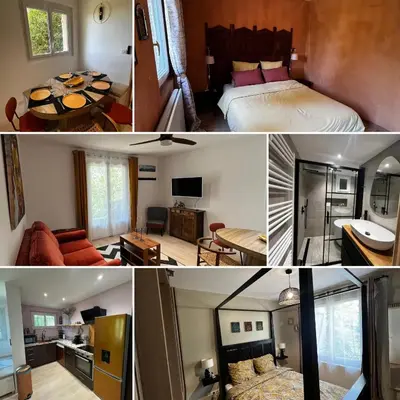 a collage of photos of a bedroom and a living room at Gîte de charme pour 6 personnes à Apt in Apt