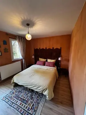 a bedroom with a large bed and a rug at Gîte de charme pour 6 personnes à Apt in Apt