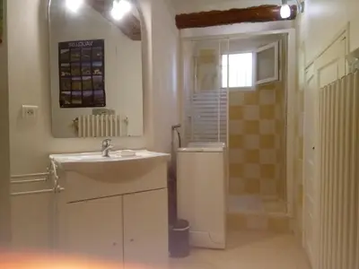 a bathroom with a sink and a shower at la bastide aux buis avec piscine in Blauvac