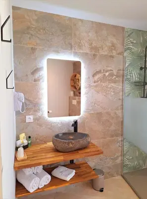 a bathroom with a stone sink and a mirror at Domaine de la Mautanne in Sainte-Tulle