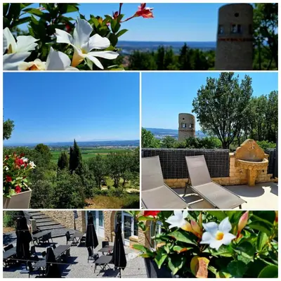 a collage of four pictures with chairs and flowers at Domaine de la Mautanne in Sainte-Tulle