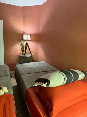 a bedroom with two beds and a red wall at Maison Jasmin in the city center with parking space and terrace in LʼIsle-sur-la-Sorgue
