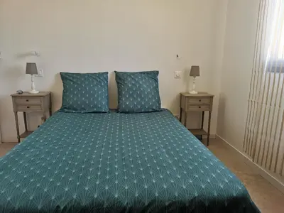 a bedroom with a green bed with two night stands at Logement au calme à LOURMARIN in Lourmarin