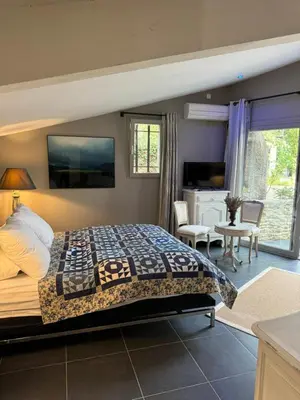 a bedroom with a bed and a living room at Les Feuilleres in LʼIsle-sur-la-Sorgue