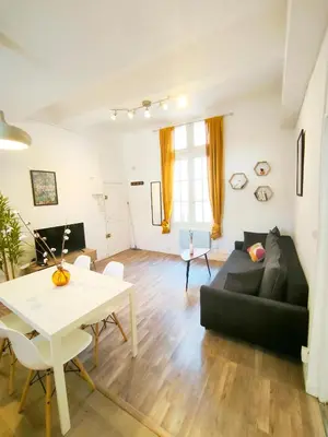 a living room with a black couch and a table at T2 lumineux plein centre à 5 min du Cours Mirabeau confort, wifi, cuisine équipée in Aix-en-Provence