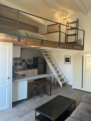 a living room with a bunk bed and a kitchen at Le Loft de Roxane Centre historique Aix en Provence in Aix-en-Provence