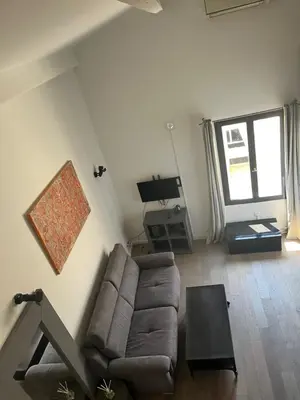 a living room with a couch and a tv at Le Loft de Roxane Centre historique Aix en Provence in Aix-en-Provence