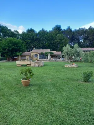 a yard with two potted plants in the grass at Maison au coeur du Lubéron in Maubec