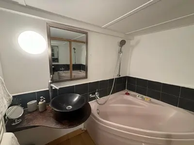 a bathroom with a white tub and a mirror at Le Loft du Matheron in Aix-en-Provence
