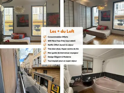 a collage of three pictures of a room with a bathroom at Le Loft du Matheron in Aix-en-Provence
