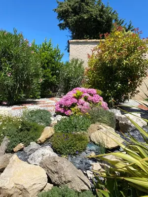 a garden with pink flowers and rocks and bushes at La bastide de marie in Robion en Luberon