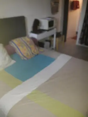 a bedroom with a bed and a desk with a printer at Studio 107 in Aix-en-Provence