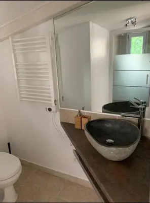a bathroom with a black sink and a toilet at Studio le soleil couchant in Saint-Saturnin-lès-Avignon
