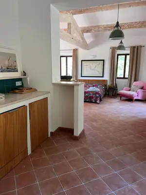a living room with a couch and a table in a room at Les Noyers in Montjustin