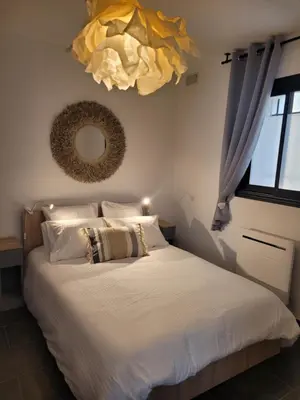 a bedroom with a large white bed with a chandelier at Appartement cosy avec exterieur au coeur de la Provence in Monteux