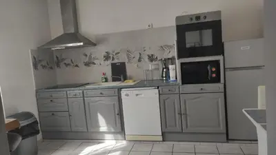 a kitchen with gray cabinets and white appliances at L'Appart in Cheval-Blanc