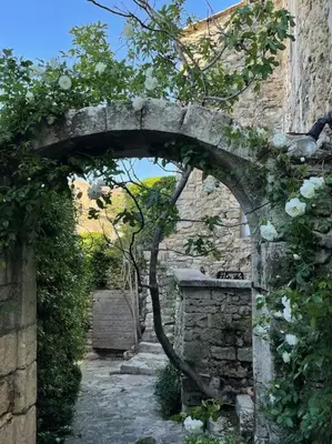 a stone archway in a stone wall with a tree at Village home in Ménerbes in Ménerbes