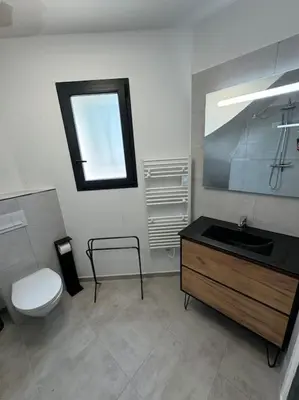 a bathroom with a sink and a toilet and a mirror at Appartement neuf centre du village in Le Puy-Sainte-Réparade