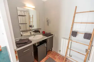 a bathroom with a sink and a mirror at Joli Studio 36m2 tout confort in Châteauneuf-de-Gadagne