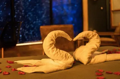 two towels shaped like swans sitting on a table at Multiverse Suite immersive in Charleval
