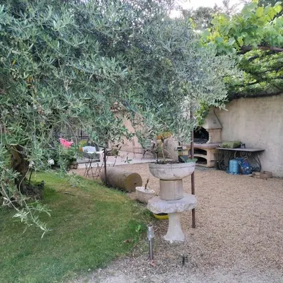 a stone bird bath in a yard with a tree at le 1387 l'étape en Provence in Plan-dʼOrgon