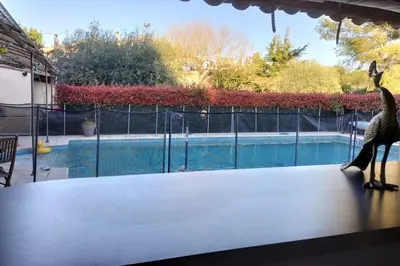 a bird standing on a table next to a swimming pool at le 1387 l'étape en Provence in Plan-dʼOrgon