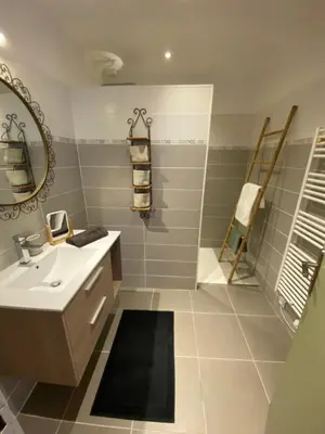 a bathroom with a sink and a mirror at Limasola - Apartment and its rooftop in Les Vignères