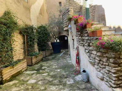an alley with potted plants on the side of a building at La Magnanerie in Cabrières-dʼAvignon