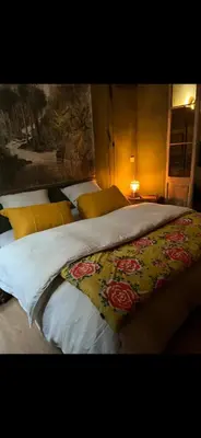 a bedroom with a large bed with a blanket on it at Chambre style balinais in Aix-en-Provence