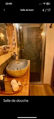 a bathroom with a stone sink and a shower at Chambre style balinais in Aix-en-Provence