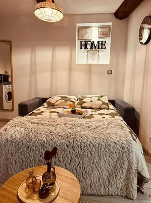 a bedroom with a large bed and a table with a table sidx sidx at Studio Oasis de paix centre Aix en Provence in Aix-en-Provence