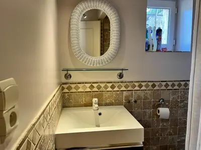 a bathroom with a white sink and a mirror at Studio at Mas Naste in Eygalières