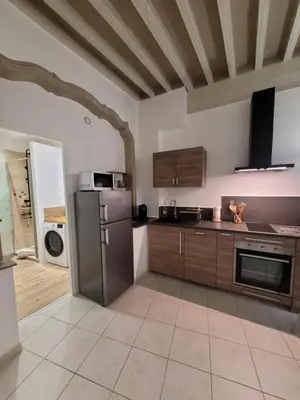 a kitchen with wooden cabinets and a stainless steel refrigerator at Appartement Au cœur de l'Isle in LʼIsle-sur-la-Sorgue