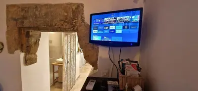 a flat screen tv hanging on a wall at Appartement centre historique - climatisé avec extérieur au calme in Aix-en-Provence