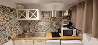 a small kitchen with a sink and a microwave at Appartement centre historique - climatisé avec extérieur au calme in Aix-en-Provence