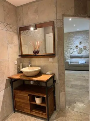 a bathroom with a sink and a mirror at Un havre de paix au coeur de la Provence in Châteaurenard