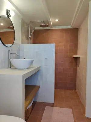 a bathroom with a sink and a shower at La canopée, Bastide sur les hauteurs de Lourmarin in Lourmarin