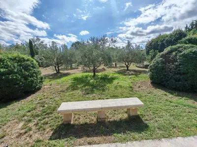 a stone bench sitting in a field with trees at La bastide le Jucamas in Saint-Saturnin-les-Apt